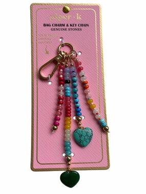 Piper K Multicolor Genuine Beads Bag Charm with Heart Pendants